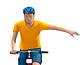 Illustration d'un cycliste vu de face qui signale son intention de tourner à gauche avec le bras gauche tendu à l'horizontale.